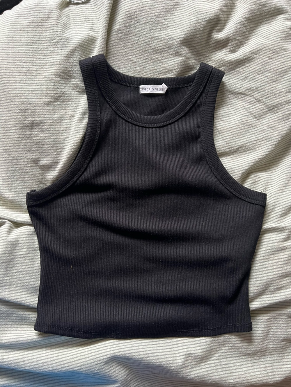 Avec Les Filles Black Ribbed Cropped Tank Top